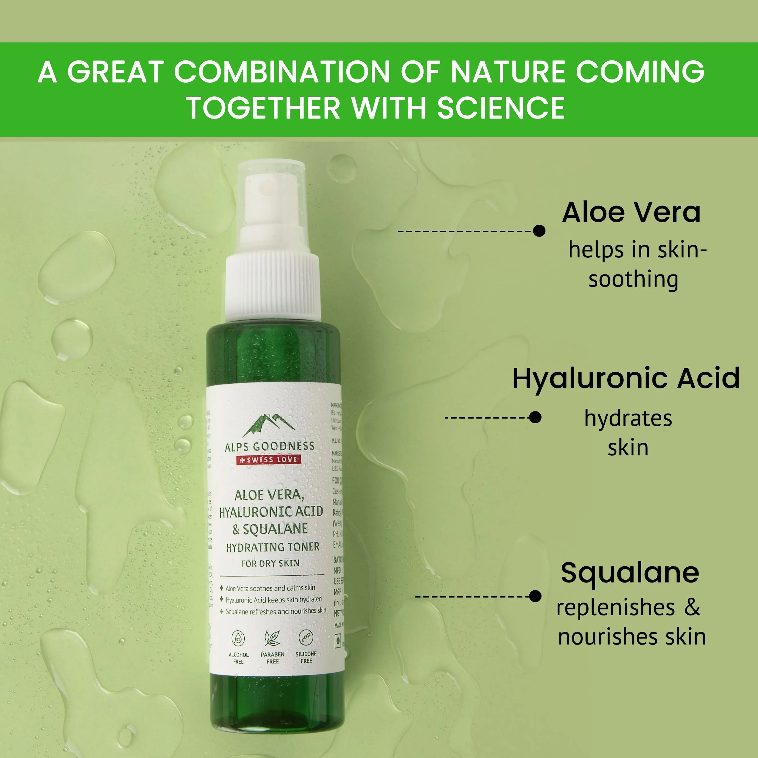 Alps Goodness Aloe Vera Squalane and Hyaluronic Acid Hydrating Toner (110 ml)| Hydrating Toner| Pore Minimizing Toner| Pore Tightening Toner| Silicone Free| Sulphate Free| Paraben Free| Vegan