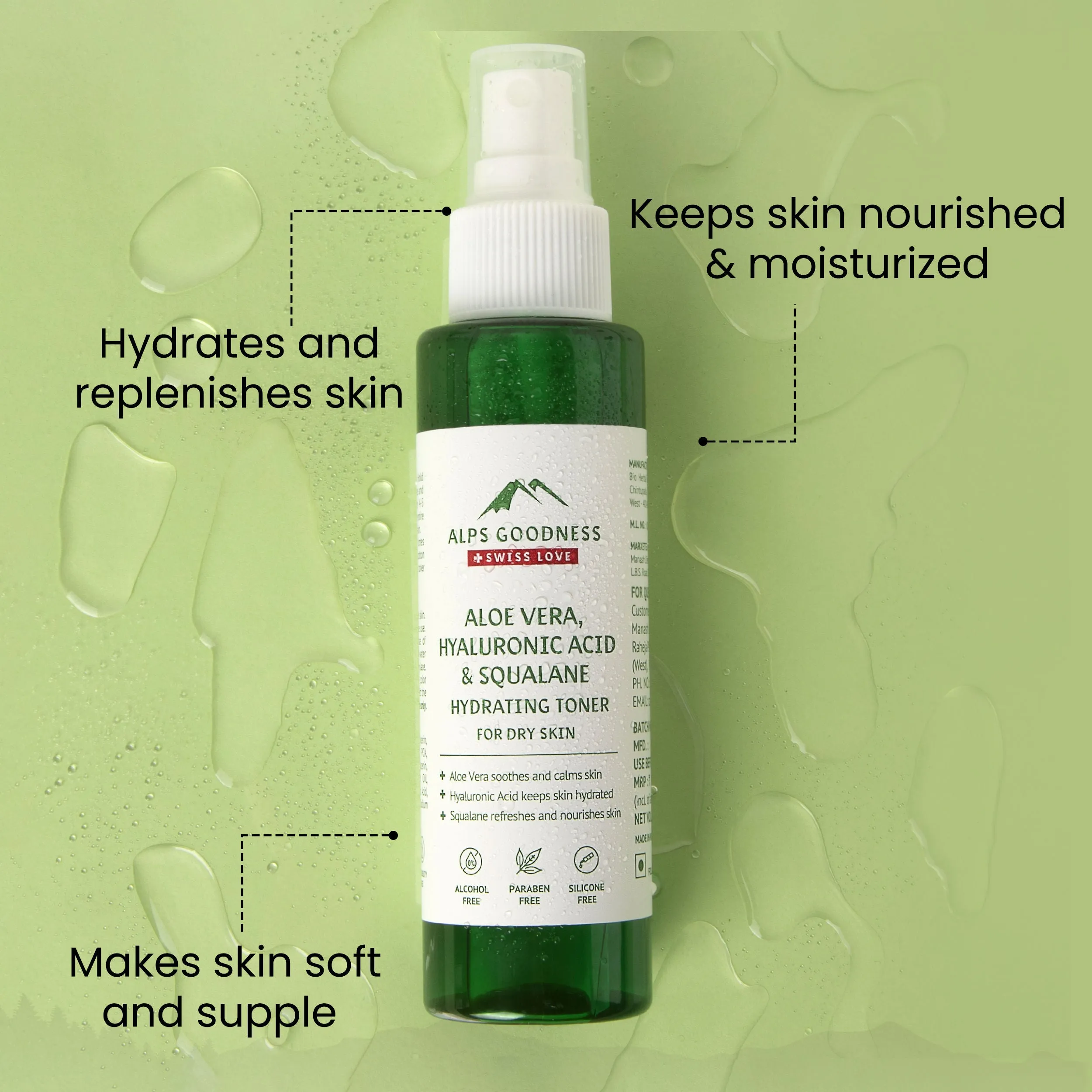 Alps Goodness Aloe Vera Squalane and Hyaluronic Acid Hydrating Toner (110 ml)| Hydrating Toner| Pore Minimizing Toner| Pore Tightening Toner| Silicone Free| Sulphate Free| Paraben Free| Vegan