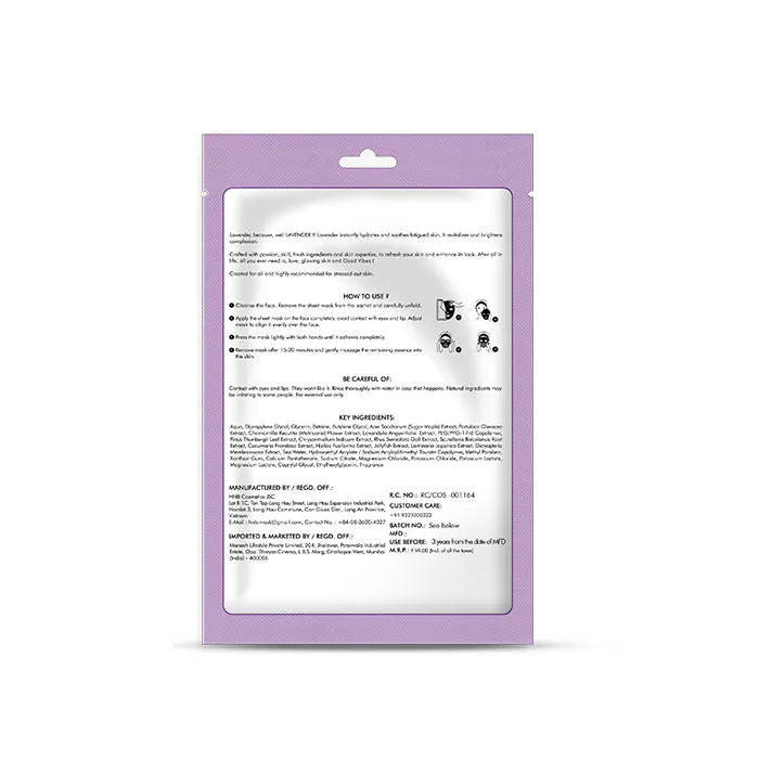 Good Vibes Lavender Hydrating Sheet Mask | Light-weight, Soothing, Brightening, No Animal Testing (20 ml)