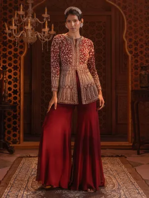 Maroon Embroidered Jacket Sharara Set