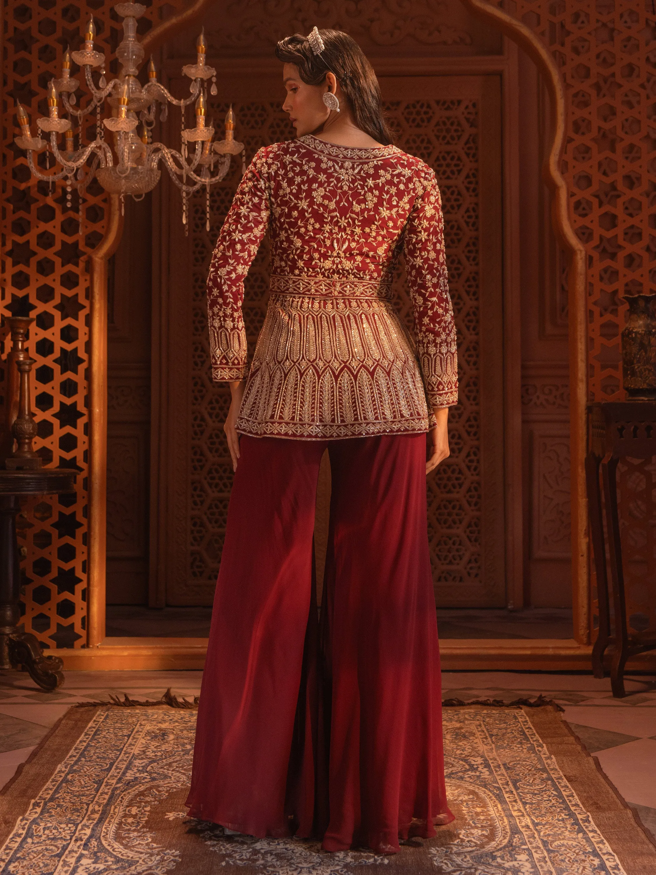 Maroon Embroidered Jacket Sharara Set
