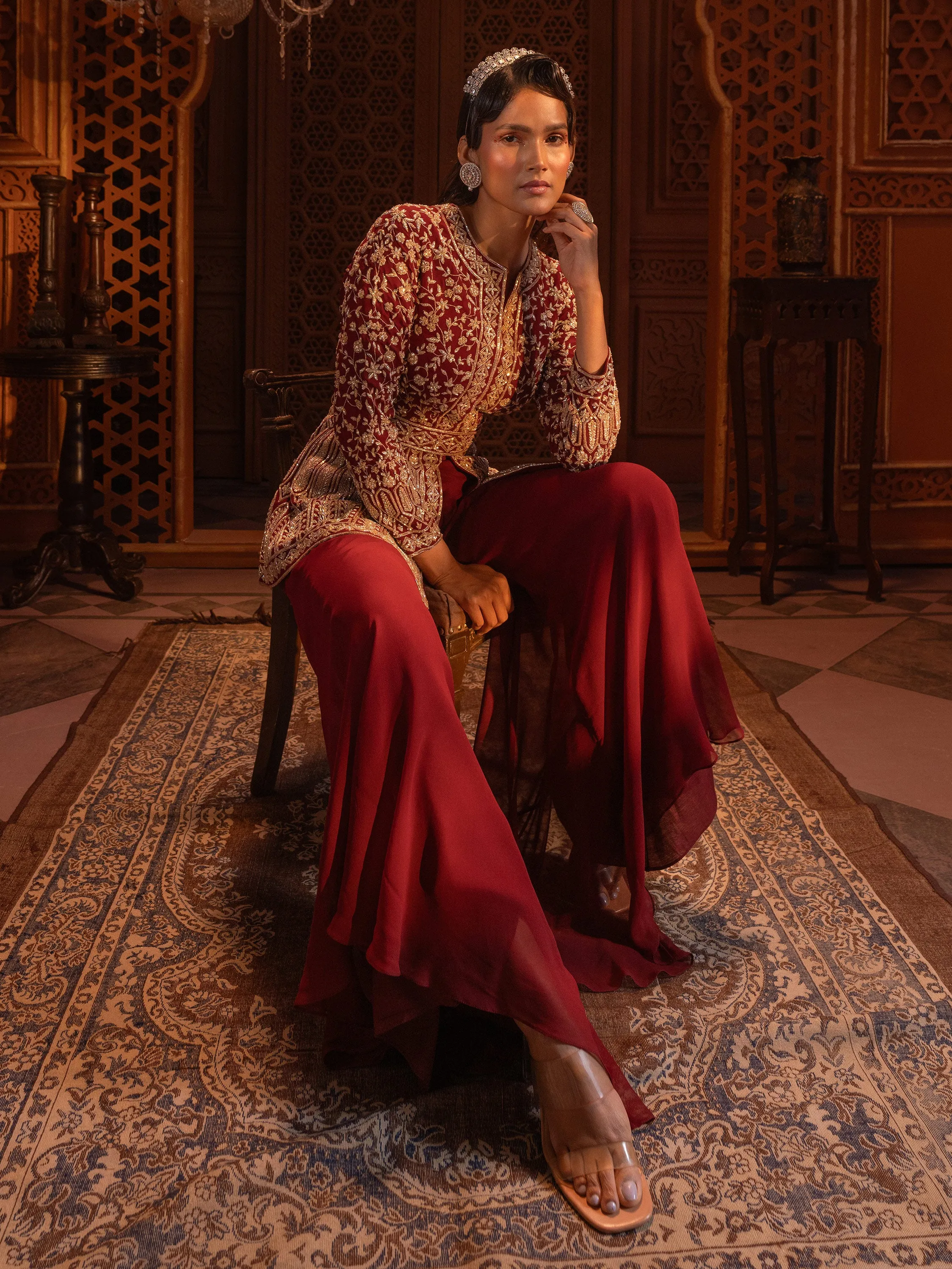 Maroon Embroidered Jacket Sharara Set