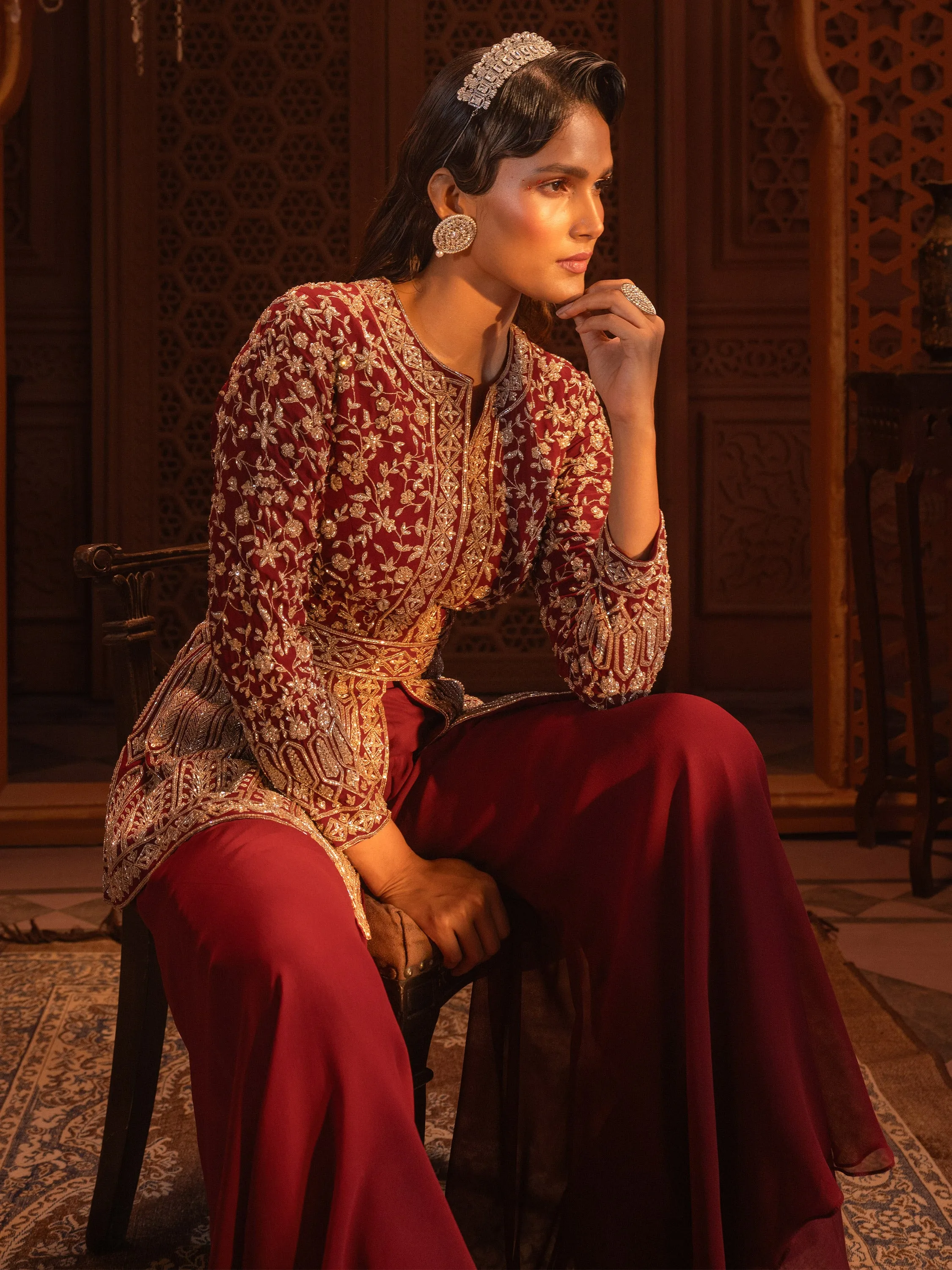 Maroon Embroidered Jacket Sharara Set