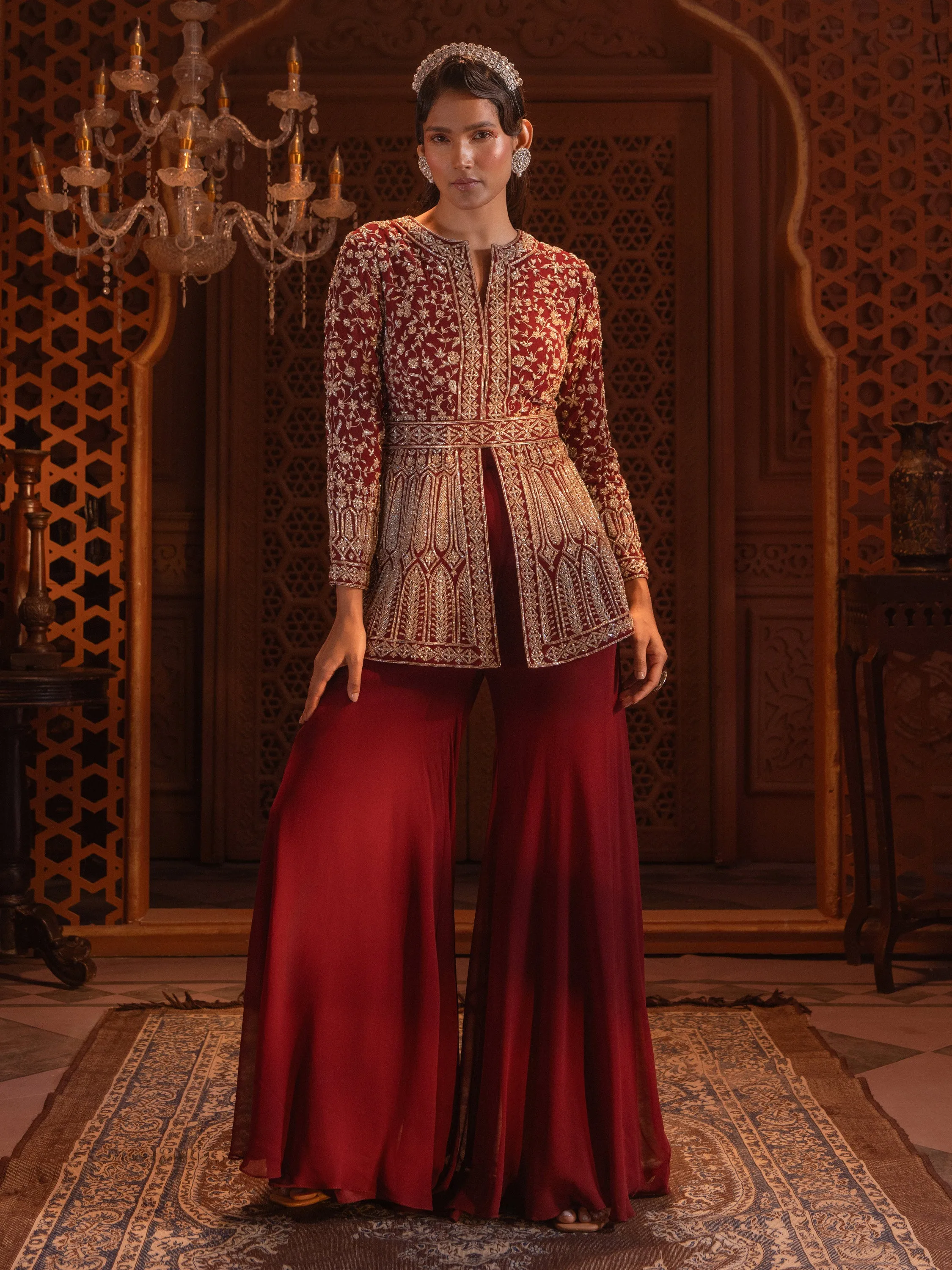 Maroon Embroidered Jacket Sharara Set