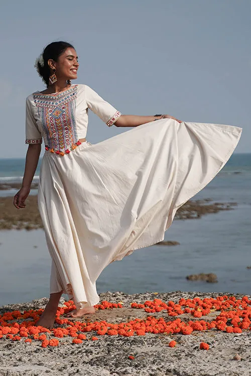 Okhai "Durgeshwari" Hand-Embroidery and Mirrorwork Off White Pure Cotton Blouse