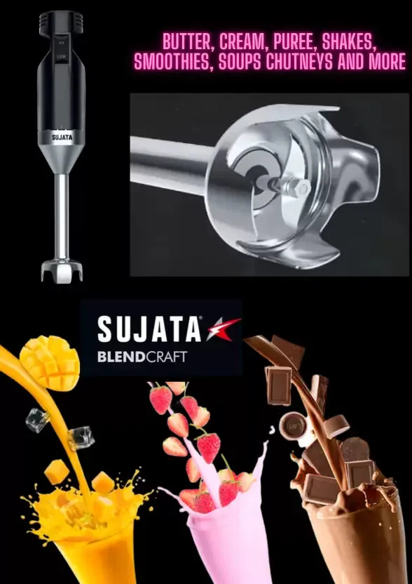 Sujata Blend Craft 180W Hand Blender with Electric Whisk  Dual Speed, 18000 RPM, Stainless Steel Blade, Black