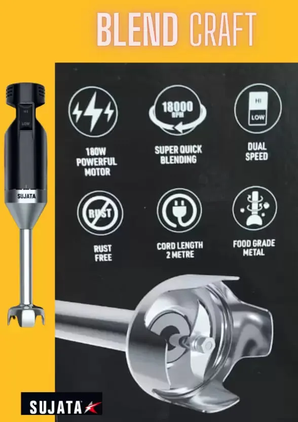 Sujata Blend Craft 180W Hand Blender with Electric Whisk  Dual Speed, 18000 RPM, Stainless Steel Blade, Black